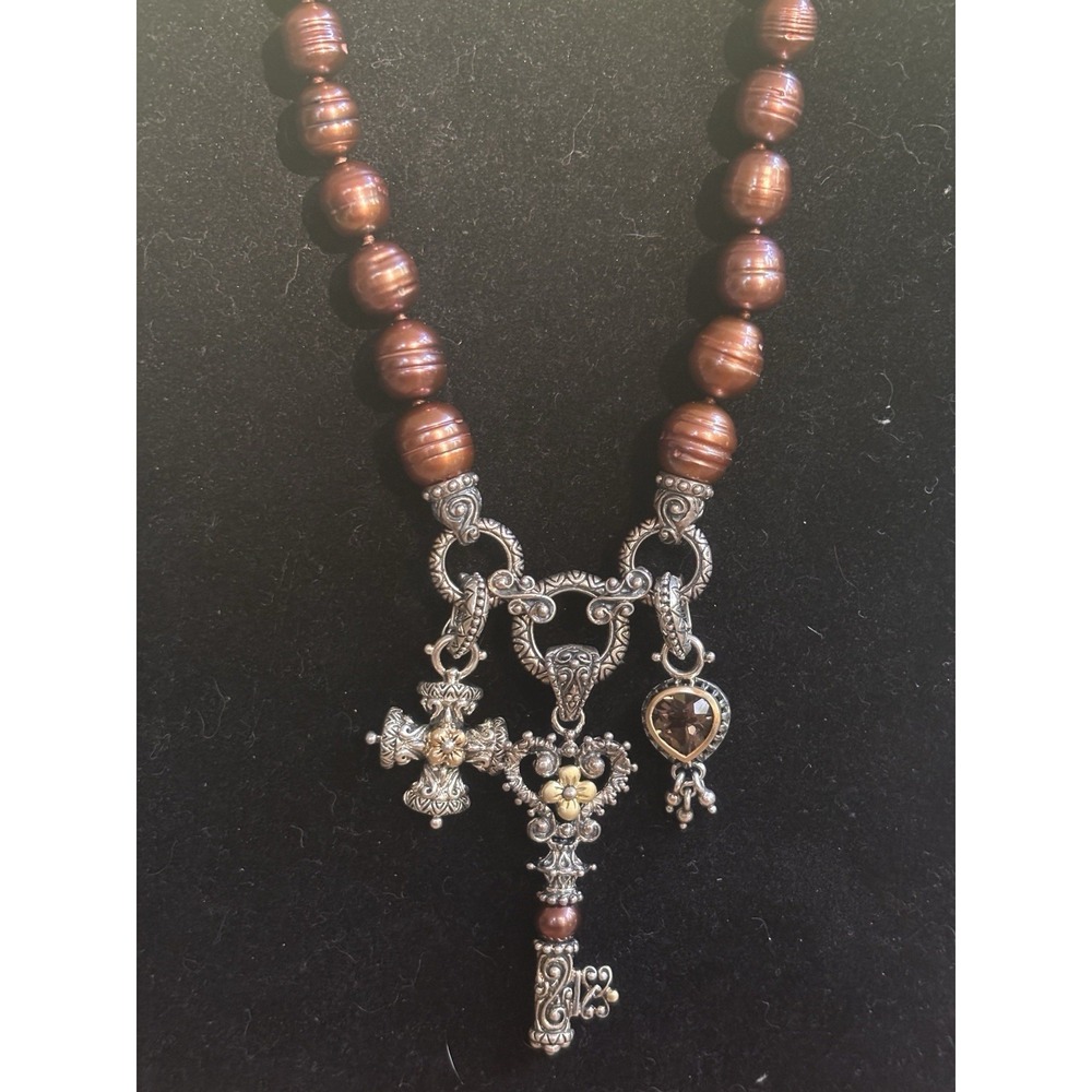 Barbara Bixby Chocolate Pearl Charm Necklace Sterling 18kt Three Charms